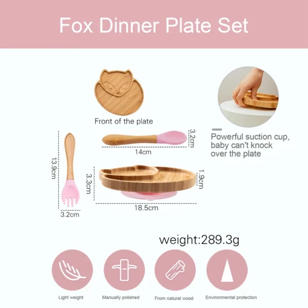 Bamboo Wooden Fox Dinner Plates Children Tableware Feeding Supplies Suction Spoon Fork BPA Free Silicone Infant Tableware Set 5
