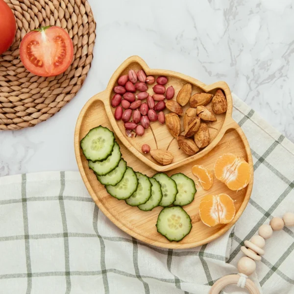 Bamboo Wooden Fox Dinner Plates Children Tableware Feeding Supplies Suction Spoon Fork BPA Free Silicone Infant Tableware Set 2