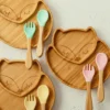 Bamboo Wooden Fox Dinner Plates Children Tableware Feeding Supplies Suction Spoon Fork BPA Free Silicone Infant Tableware Set 1
