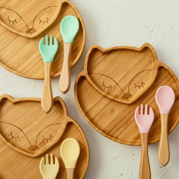 Bamboo Wooden Fox Dinner Plates Children Tableware Feeding Supplies Suction Spoon Fork BPA Free Silicone Infant Tableware Set 1