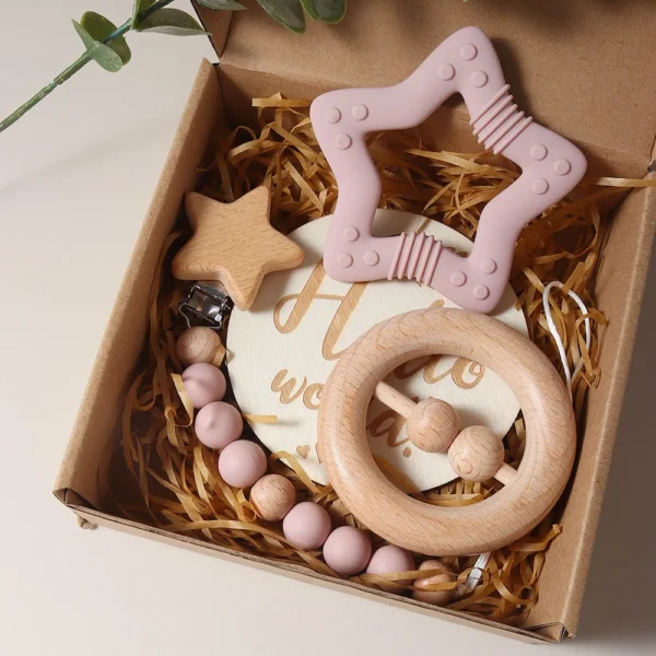 New born baby gift set silicone star teether wooden rattle Photography props 5