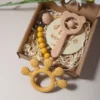 Baby bibs Gift Set With hand Teething Pacifier Chain wooden bear Rattle New Born Baby Teether Set 2 Baby bibs Gift Set With hand Teething Pacifier Chain wooden bear Rattle New Born Baby Teether Set 2