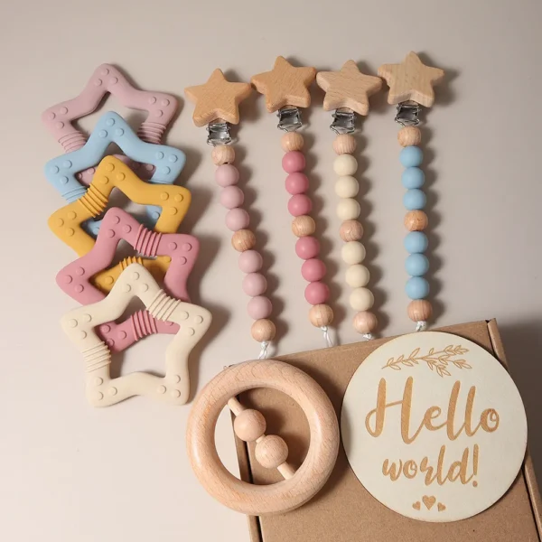 New born baby gift set silicone star teether wooden rattle Photography props 4