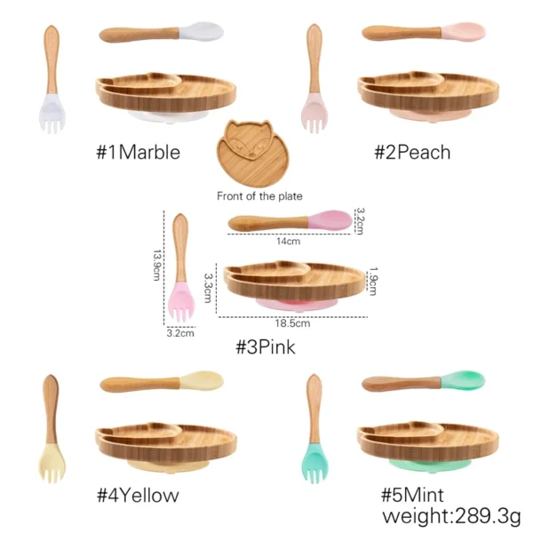 Bamboo Wooden Fox Dinner Plates Children Tableware Feeding Supplies Suction Spoon Fork BPA Free Silicone Infant Tableware Set 6