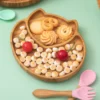 Bamboo Wooden Fox Dinner Plates Children Tableware Feeding Supplies Suction Spoon Fork BPA Free Silicone Infant Tableware Set 3