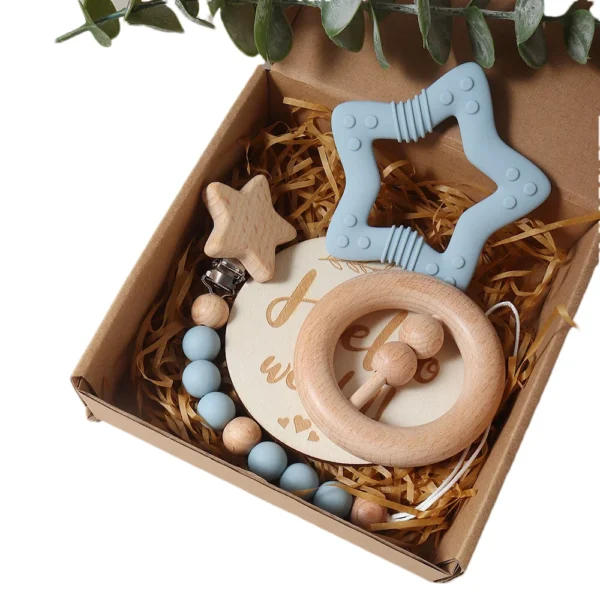 New born baby gift set silicone star teether wooden rattle Photography props 3